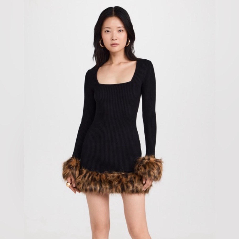 Show Me Your MuMu Francine Mini Dress Black Knit w/Leopard Faux Fur Trim Sz S